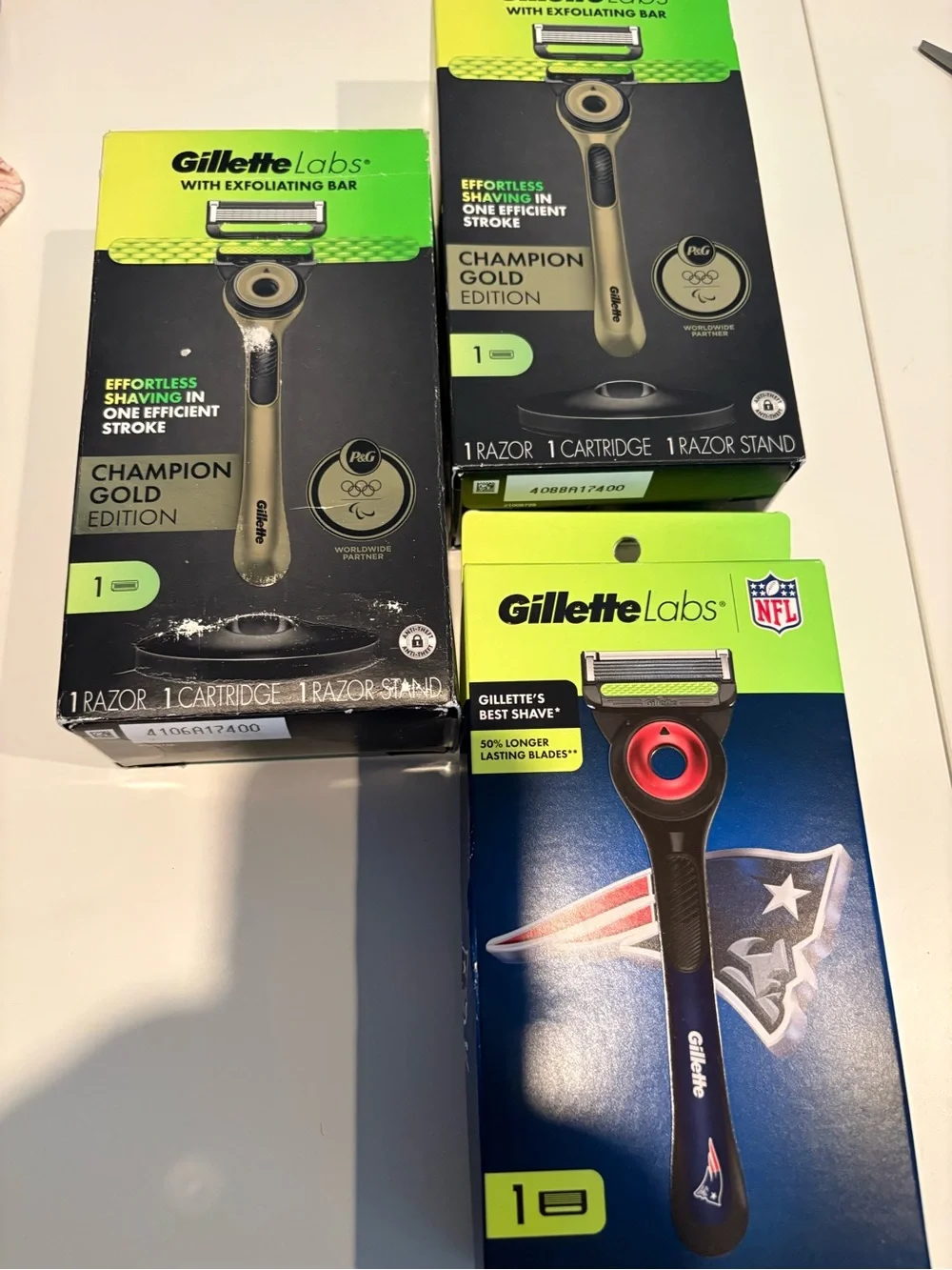 THREE Gillette Labs Men's Razor 2 Gold Edition & 1 Patriots